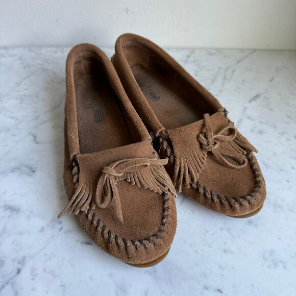 Minnetonka 407T Suede Fringe Moccasins Caramel Brown Women’s 8.5 - Picture 2 of 12